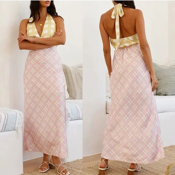 Picnic Plaid Satin Midi Dress Halter Y2K Slip AU 6 US XS - Picture 1 of 16